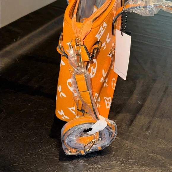 Orange Monogram Tote Bag with White Pattern, NEW, Fashion Bag - Picture 6 of 7